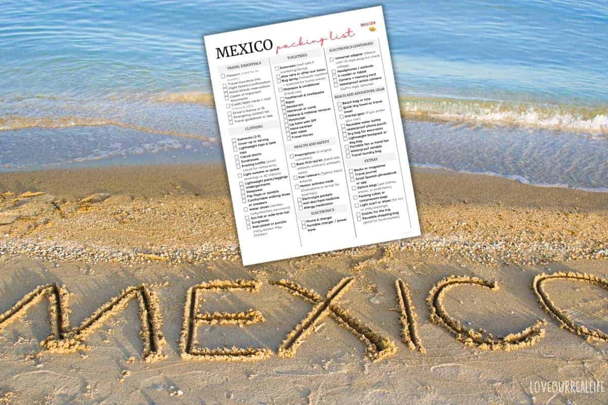 Beach in Mexico with image of packing list PDF overlay.