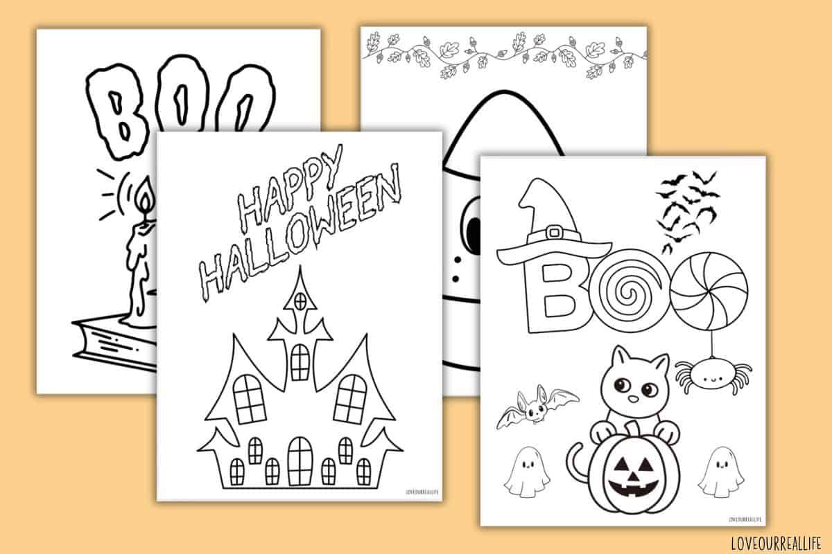 Four different children's October and Halloween coloring pages.
