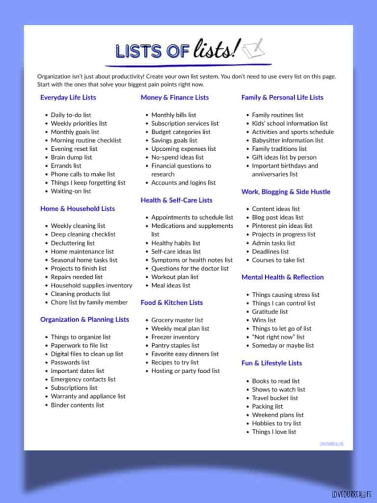 Lists to Make: The Ultimate List of Lists to Get Organized ⋆ Love Our ...