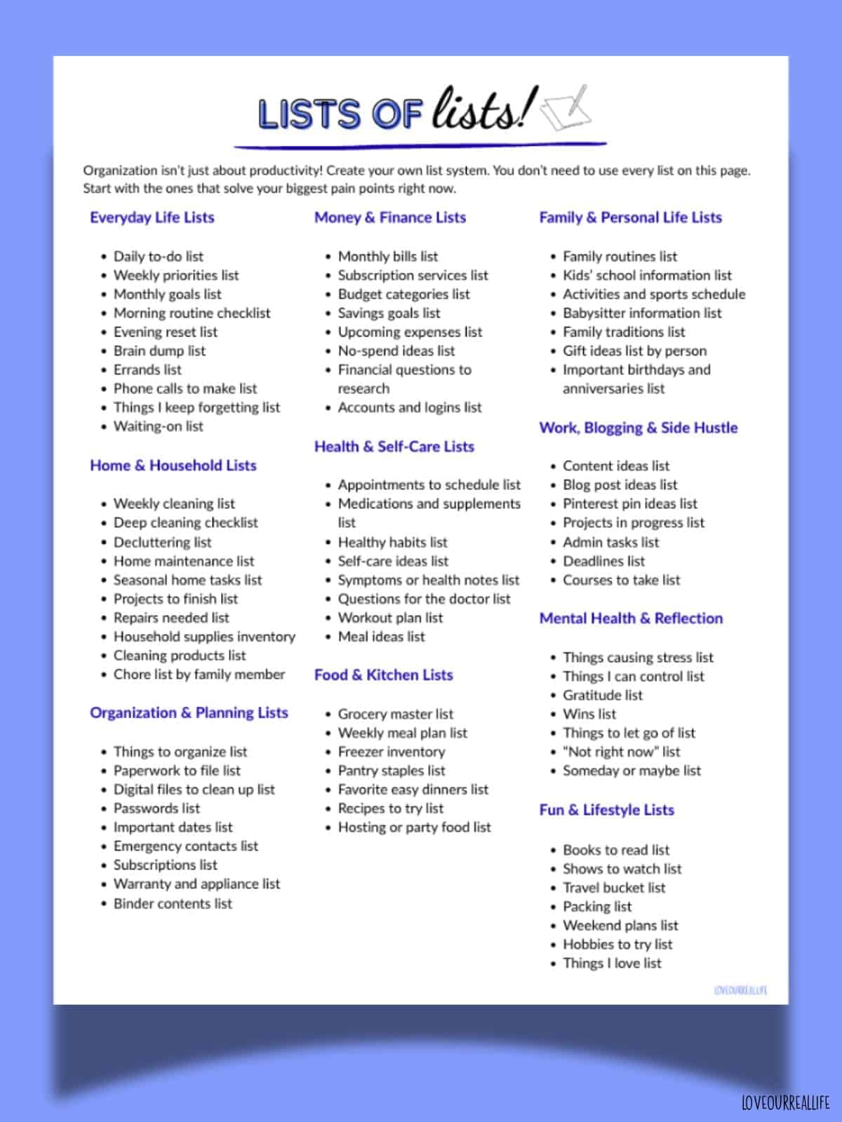 Printable list of lists to help with everyday life.