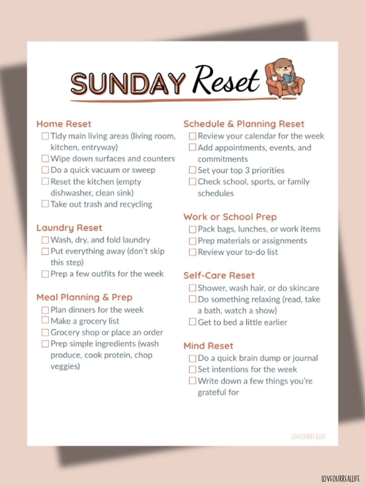 Weekly reset routine printable.