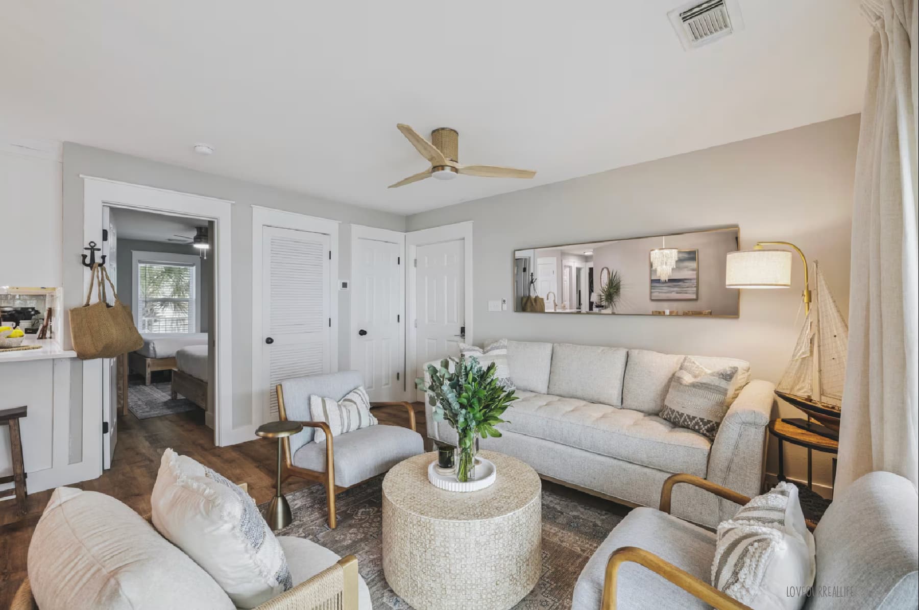 Beach condo decorated in boho theme decor.