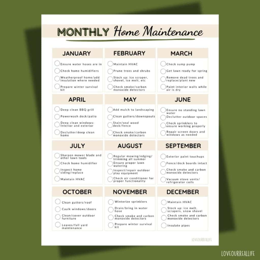 Calendar for home maintenance tasks.