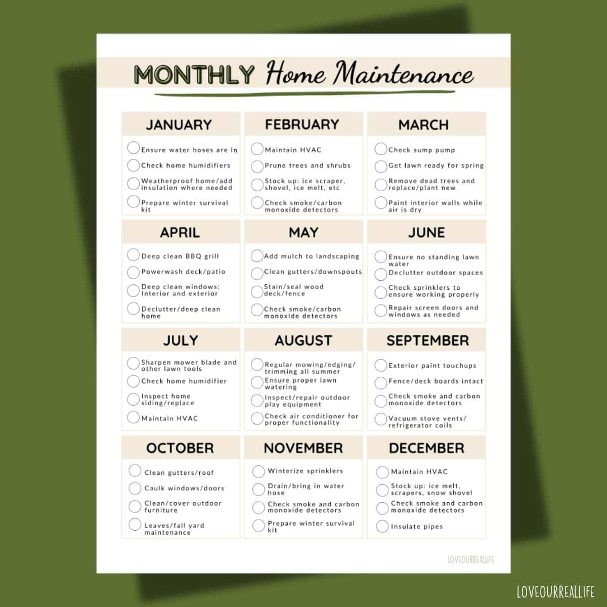 Calendar for home maintenance tasks.
